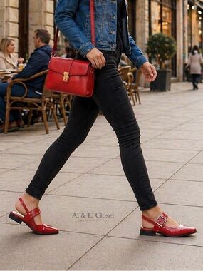 Steve Madden Smokee Red Slingback Flats | Silver Buckle Detail Sz 8.5 Vegan NIB